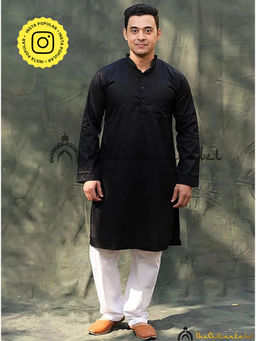 The Chikan Label - Black Cotton Men's Kurta Lucknawi Chikankari Handmade