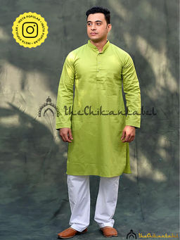 The Chikan Label - Pista Green Cotton Men's Kurta Lucknawi Chikankari Handmade
