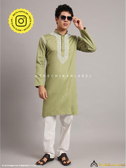 The Chikan Label - Green Uman Cotton Chikankari Men's Kurta