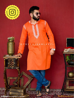 The Chikan Label - Orange Uman Cotton Chikankari Men's Kurta