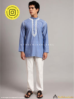 The Chikan Label - Denim Cotton Men's Kurta Lucknawi Chikankari Kurti