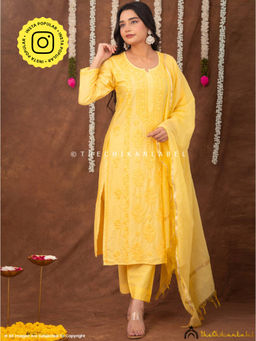 The Chikan Label - Navika Chanderi Chikankari Kurta And Pant With Dupatta - Yellow