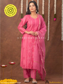 The Chikan Label - Navika Chanderi Chikankari Kurta And Pant With Dupatta - Pink