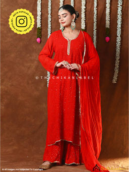 The Chikan Label - Mehr-E-Chaand Viscose Chikankari Kurta With Sharara And Dupatta - Red