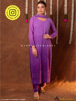 The Chikan Label - Miraya Chikankari Viscose Kurta And Pant With Dupatta - Purple