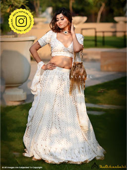 The Chikan Label - White Ring Mukaish Chikankari Semi-Stitched Lehenga with Blouse and Dupatta