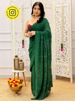 The Chikan Label - Green Begum Viscose Chikankari Saree with Unstitched Blouse