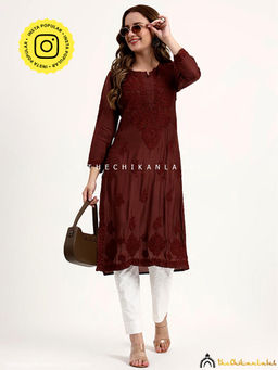 The Chikan Label - Oishi Muslin Chikankari Straight Kurta - Choco
