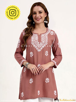 The Chikan Label - Ragavi Rayon Chikankari Kurti - Coral