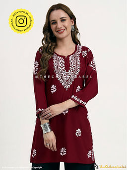 The Chikan Label - Ragavi Rayon Chikankari Kurti - Maroon