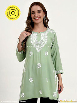 The Chikan Label - Ragavi Rayon Chikankari Kurti - Pista Green