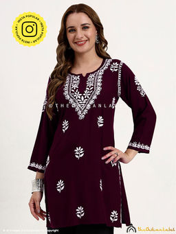 The Chikan Label - Ragavi Rayon Chikankari Kurti - Wine