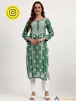 The Chikan Label - Anra Rayon Chikankari Straight Kurta - Green