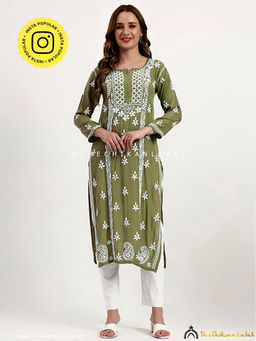 The Chikan Label - Anra Rayon Chikankari Straight Kurta - Mehndi Green