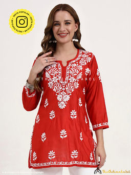 The Chikan Label - Medha Chanderi Chikankari Kurti - Red
