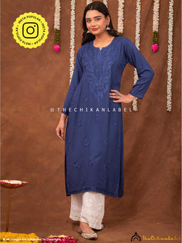 The Chikan Label - Fatima Rayon Chikankari Straight Kurta - Blue