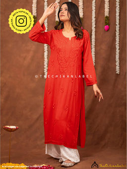The Chikan Label - Fatima Rayon Chikankari Straight Kurta - Red