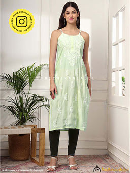 The Chikan Label - Zubaida Chanderi Chikankari Strappy Kurta - Pista Green