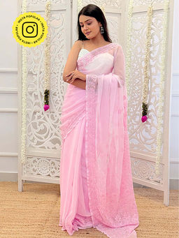 The Chikan Label - Saanchi Georgette Reshami Work Chikankari Pink Saree With Unstitched Blouse