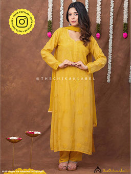 The Chikan Label - Women Muslin Embroidered Kurta with Pant and Dupatta