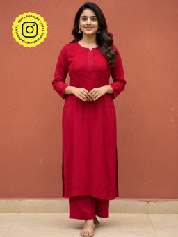 The Chikan Label - Red Modal Chikankari Kurta with Palazzo