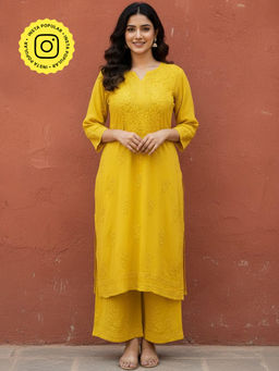 The Chikan Label - Yellow Modal Chikankari Kurta with Palazzo