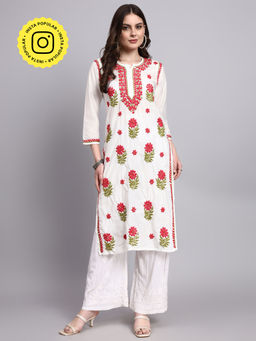 The Chikan Label - Red Aashvi Chanderi Chikankari Long Kurta