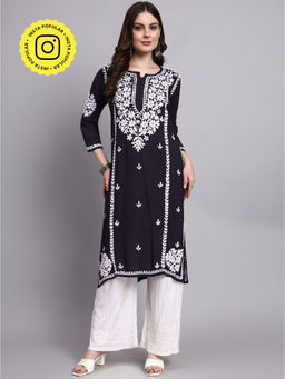 The Chikan Label - Black Misha Rayon Chikankari Straight Kurta