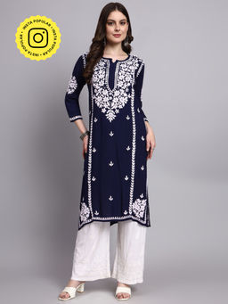 The Chikan Label - Navy Blue Misha Rayon Chikankari Straight Kurta