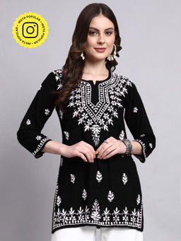 The Chikan Label - Black Siara Rayon Chikankari Short Kurti