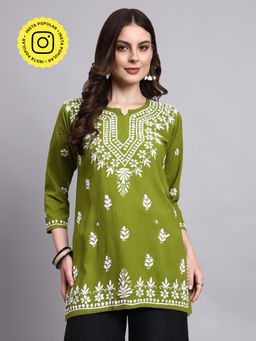 The Chikan Label - Mehndi Green Siara Rayon Chikankari Short Kurti