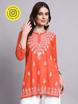 The Chikan Label - Orange Siara Rayon Chikankari Short Kurti