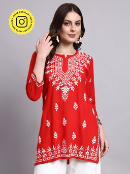 The Chikan Label - Red Siara Rayon Chikankari Short Kurti