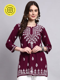 The Chikan Label - Wine Siara Rayon Chikankari Short Kurti