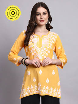 The Chikan Label - Yellow Siara Rayon Chikankari Short Kurti