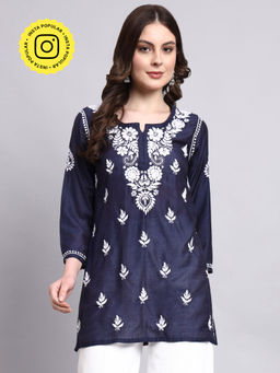 The Chikan Label - Navy Blue Jisha Chanderi Chikankari Short Kurti