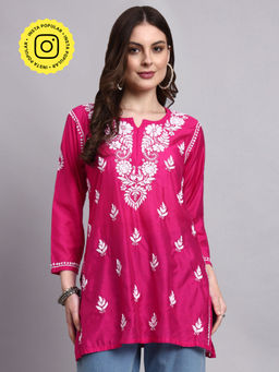 The Chikan Label - Hot Pink Jisha Chanderi Chikankari Short Kurti