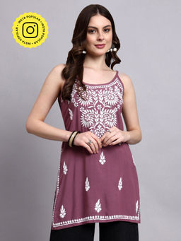 The Chikan Label - Mauve Arika Rayon Chikankari Short Kurti