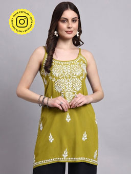 The Chikan Label - Mehndi Green Arika Rayon Chikankari Short Kurti