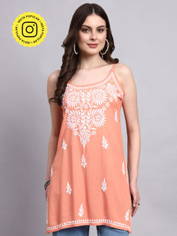 The Chikan Label - Peach Arika Rayon Chikankari Short Kurti