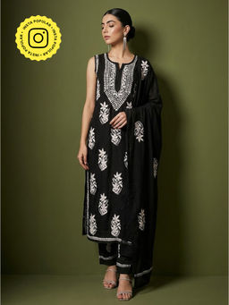The Chikan Label - Black Ashvi Modal Chikankari Sleeveless Kurta with Pant and Dupatta