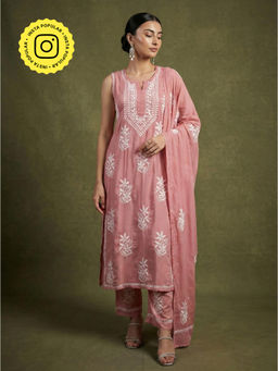 The Chikan Label - Pink Ashvi Modal Chikankari Sleeveless Kurta with Pant and Dupatta