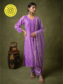 The Chikan Label - Tiya Lavender Chanderi Chikankari Kurta with Pant and Dupatta