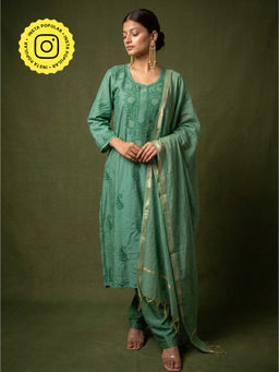 The Chikan Label - Tiya Green Chanderi Chikankari Kurta with Pant and Dupatta
