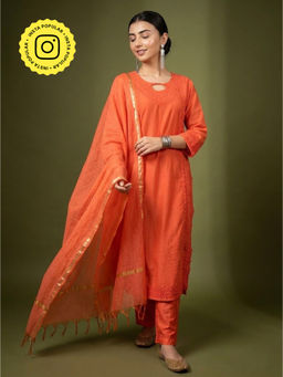 The Chikan Label - Kriti Orange Chanderi Chikankari Kurta with Pant and Dupatta