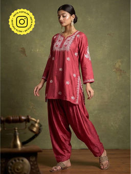 The Chikan Label - Dhanvi Rani Pink Chanderi Chikankari Kurta Farshi Salwar Set