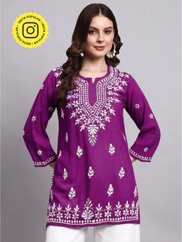 The Chikan Label - Purple Siara Rayon Chikankari Short Kurti