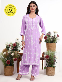 The Chikan Label - Lavender Arushi Rayon Chikankari Kurti with Palazzo