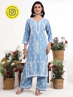 The Chikan Label - Powder Blue Arushi Rayon Chikankari Kurti with Palazzo