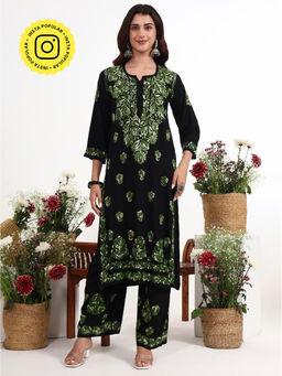 The Chikan Label - Ekisha Green Rayon Chikankari Kurti with Palazzo